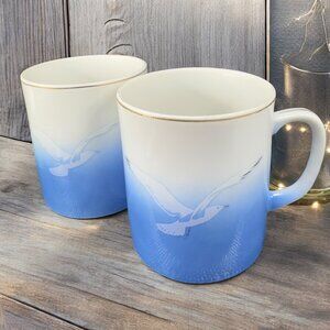 Vintage Penco Japanese Porcelain Mug Seagull Gold Trim Coffee Mugs Cups Set 2